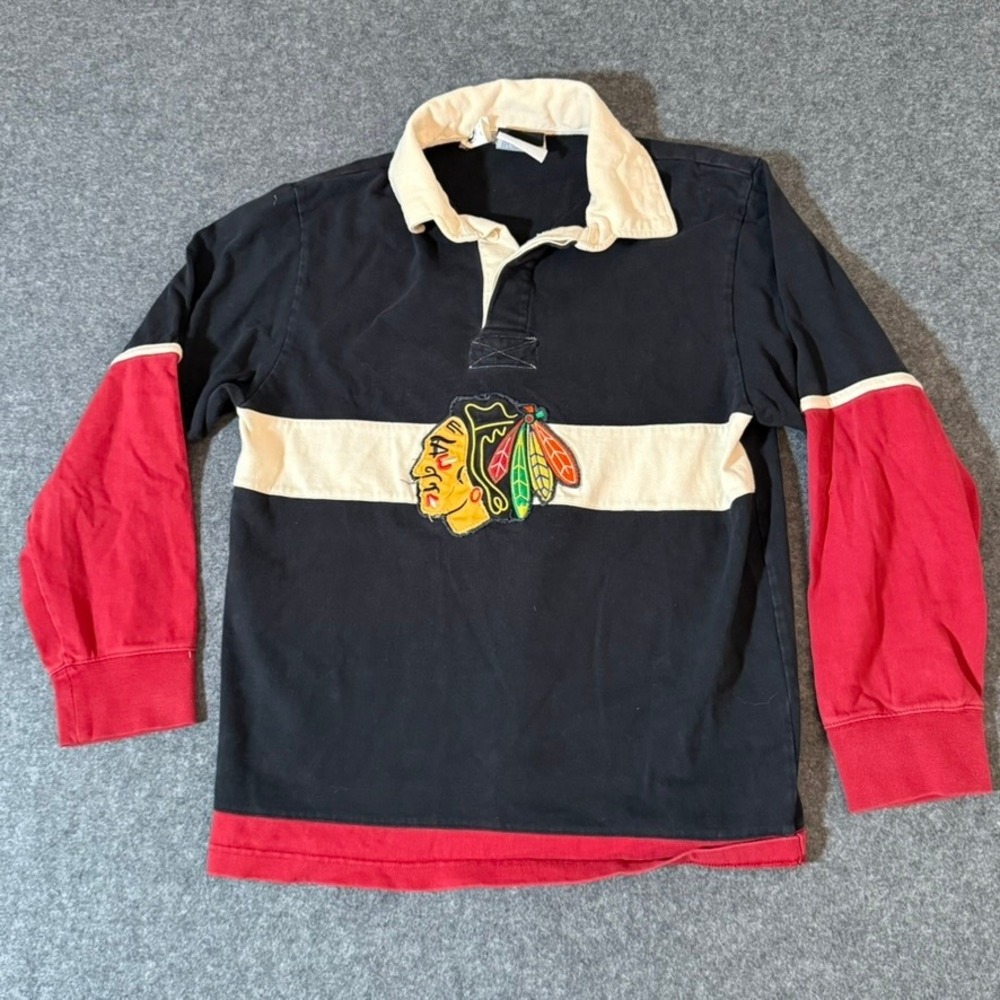 Vtg Y2K Old Time Hockey Chicago Blackhawks Rugby Shirt Mens Medium Black Red